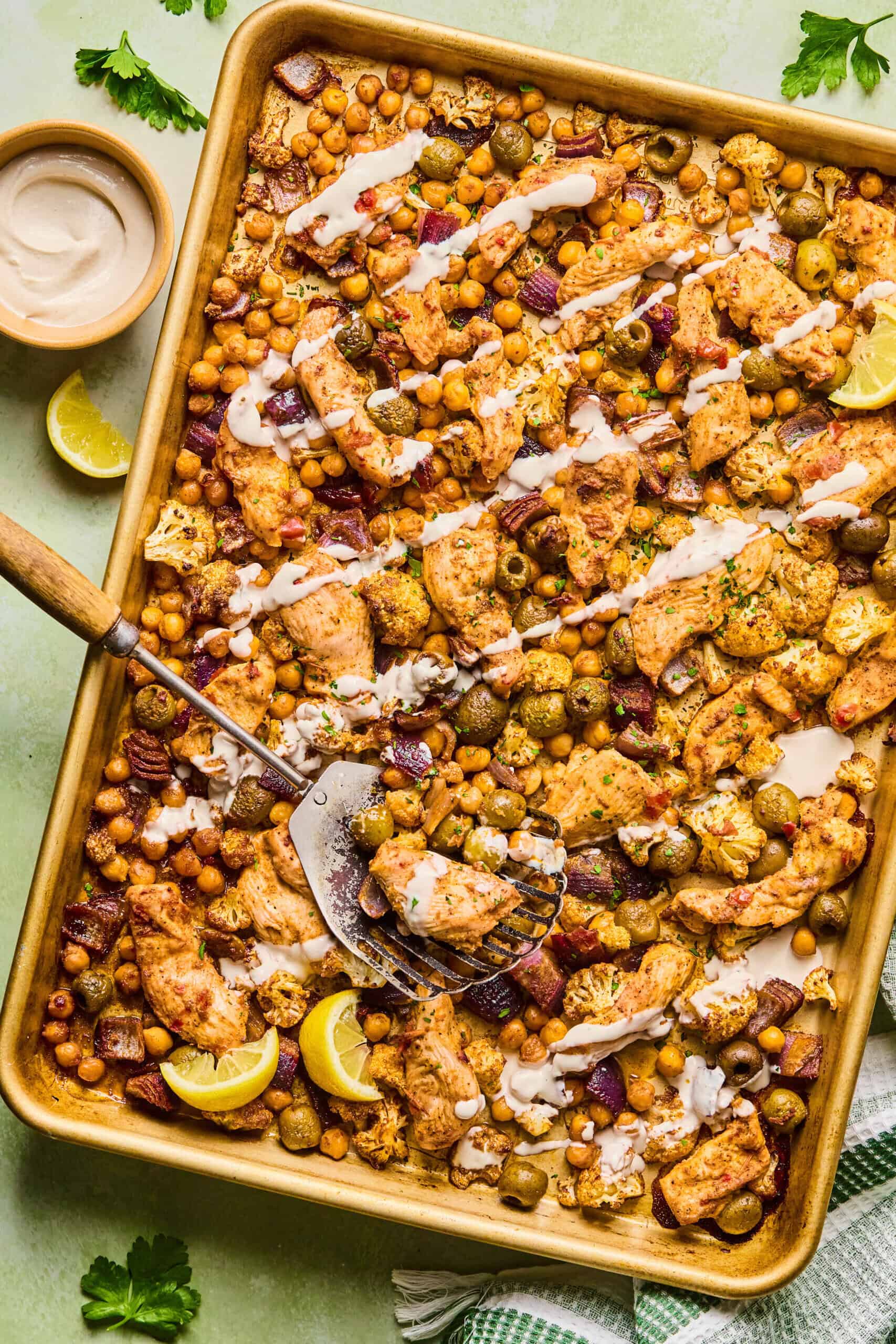 Sheet Pan Harissa Chicken with Tahini Yogurt Sauce